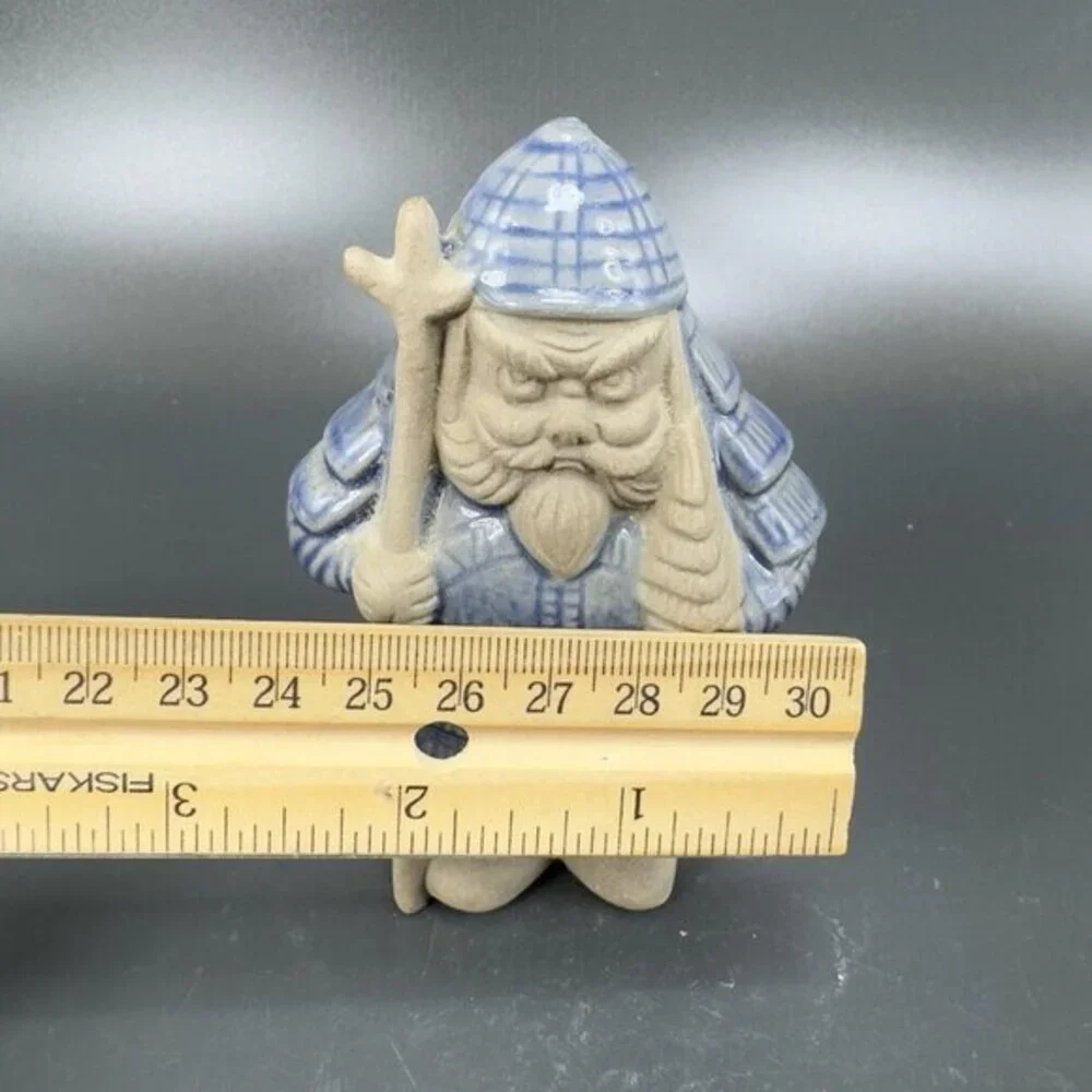 Vintage Pottery Earthenware Figure Asian Blue Gray Glazed Japan Signed‎ Warrior